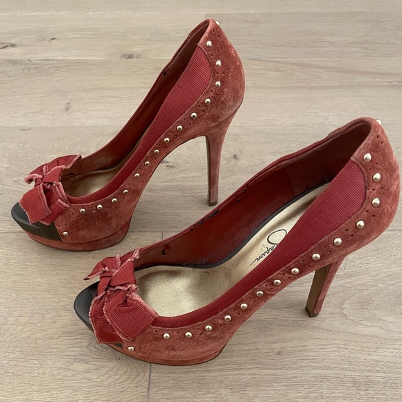 Jessica Simpson Red Suede Peep Toe Heels - Picture 2 of 8